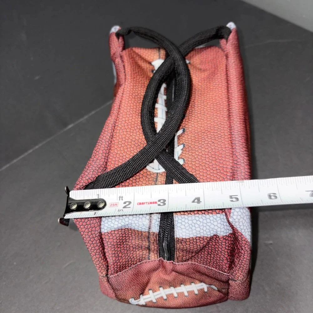 Football Print Insulated Lunch Bag Brown Sports Tailgate Cooler Zippered Case